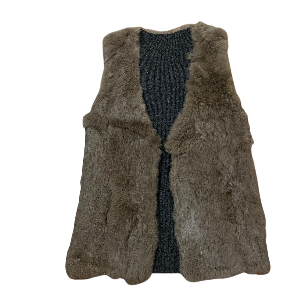 C. Luce Rabbit Fur Front Vest Brown, Grey Knit Back Size S Mob Wife Boho Chic
